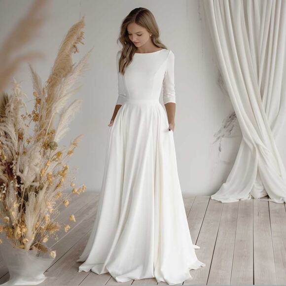 Simple Modest Boho Crepe Chiffon Wedding Dress ET3001 - Picture 1 of 2